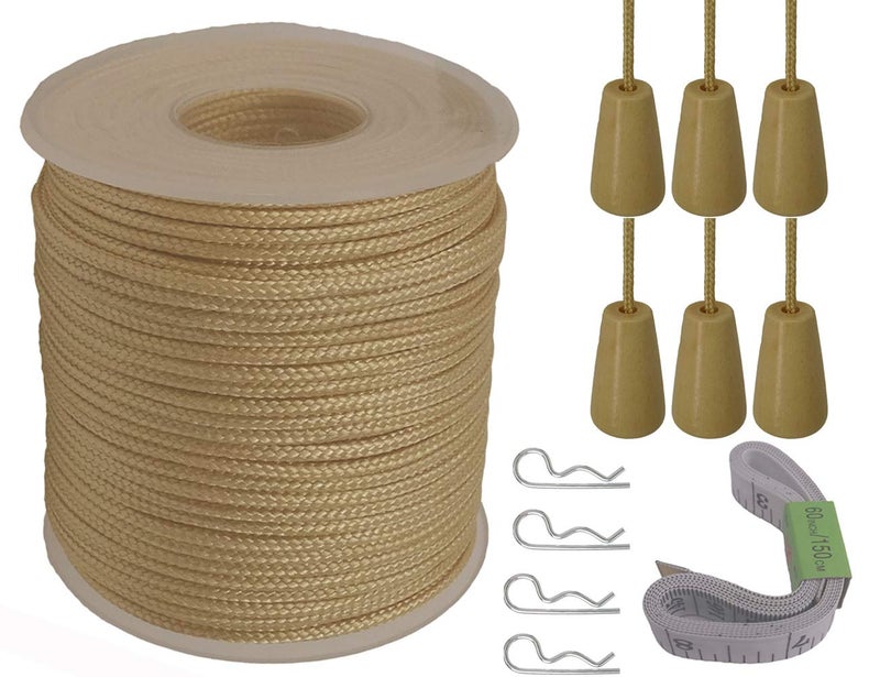 Y-Axis Roll of 60 Yards 2.0mm Light Gold Braided Nylon Lift Shade Cord with 6 Pack White Wood Cord Knobs + Soft Tape - Image 1